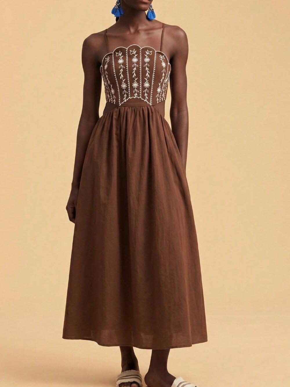 Brown Boho Women's Backless Camisole Dress with Embroidery - Picture 6 of 7